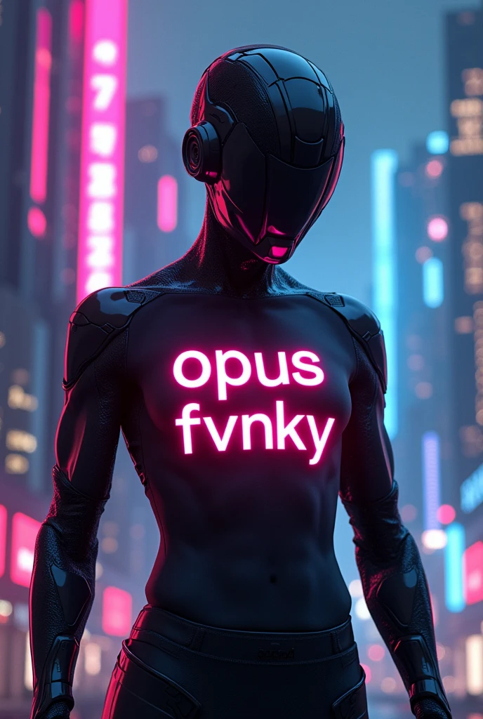 A person wearing a shirt with the text 'opusfvnky' in a futuristic, cyberpunk style
