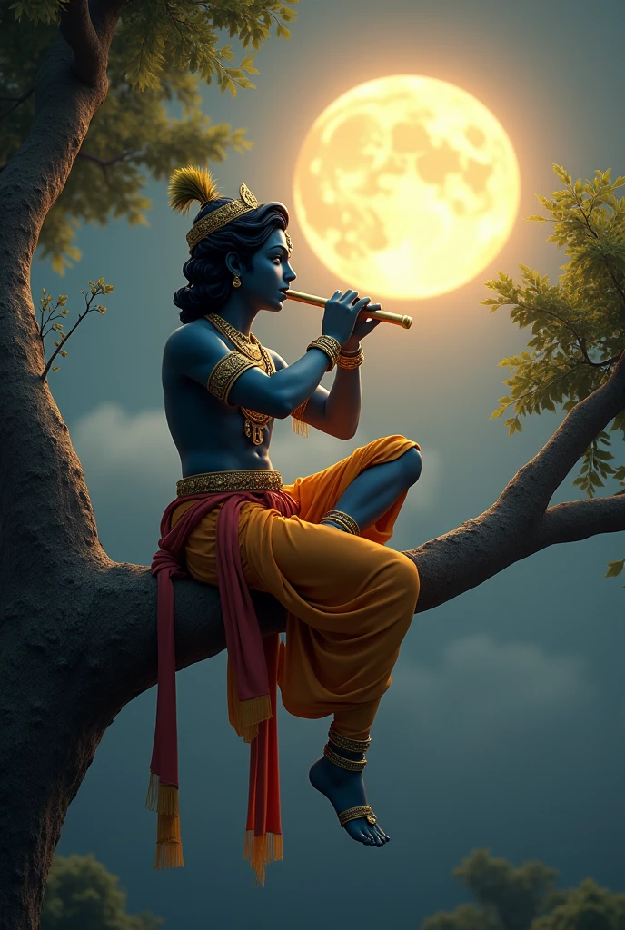 Krishna relaxedly playing flute on tree branch with background full moon highlighting Krishna's face