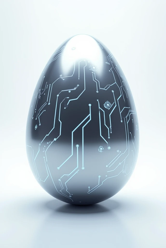 (Cyber Egg: A sleek, metallic egg with neon lines running across its surface, forming complex circuitry patterns. The design could have a futuristic, high-tech feel, with a holographic glow and white background