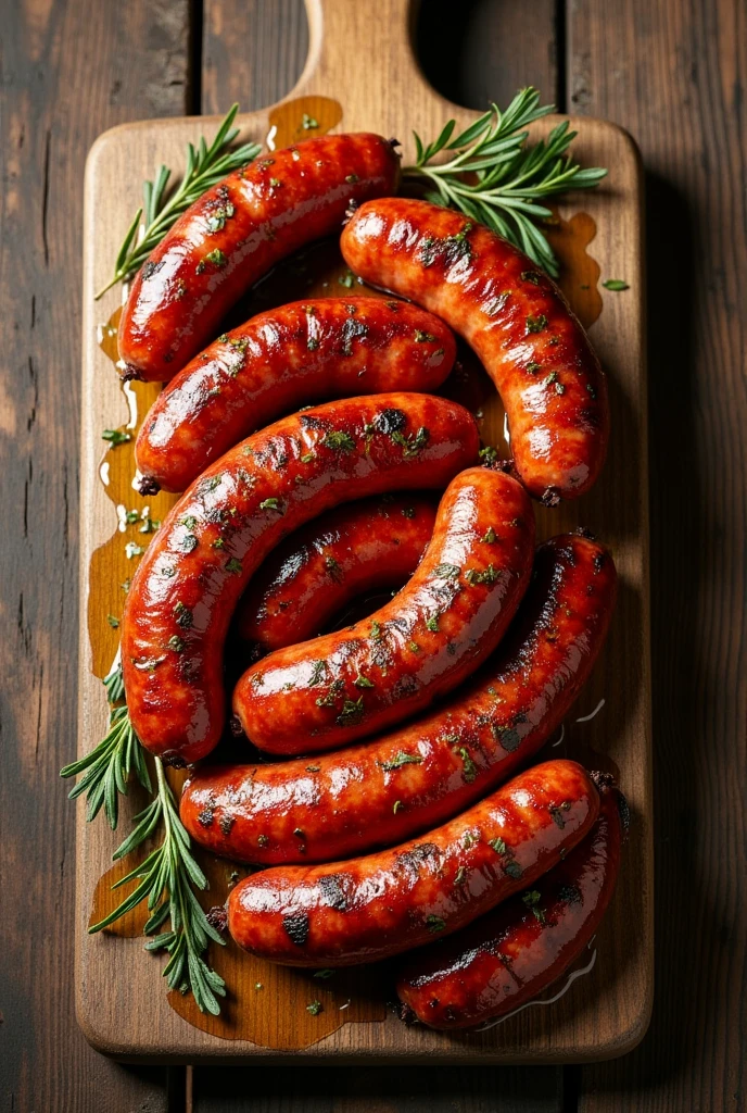 Roasted Tuscan Sausage, on top of a wooden board, show top view
