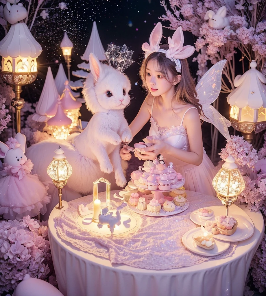 Create gorgeous handmade cookies that fit together like a puzzle in the forest Candy Castle Fairy World chocolate A soft light shines through Delicate lace and ribbon Light color gem lame Photon Mapping High Contrast Diamond particles antique The color is pink and white Cookie Puzzle cute Sparkling Star Fragment Multiple Exposure Fluffy white stuffed rabbit Light background