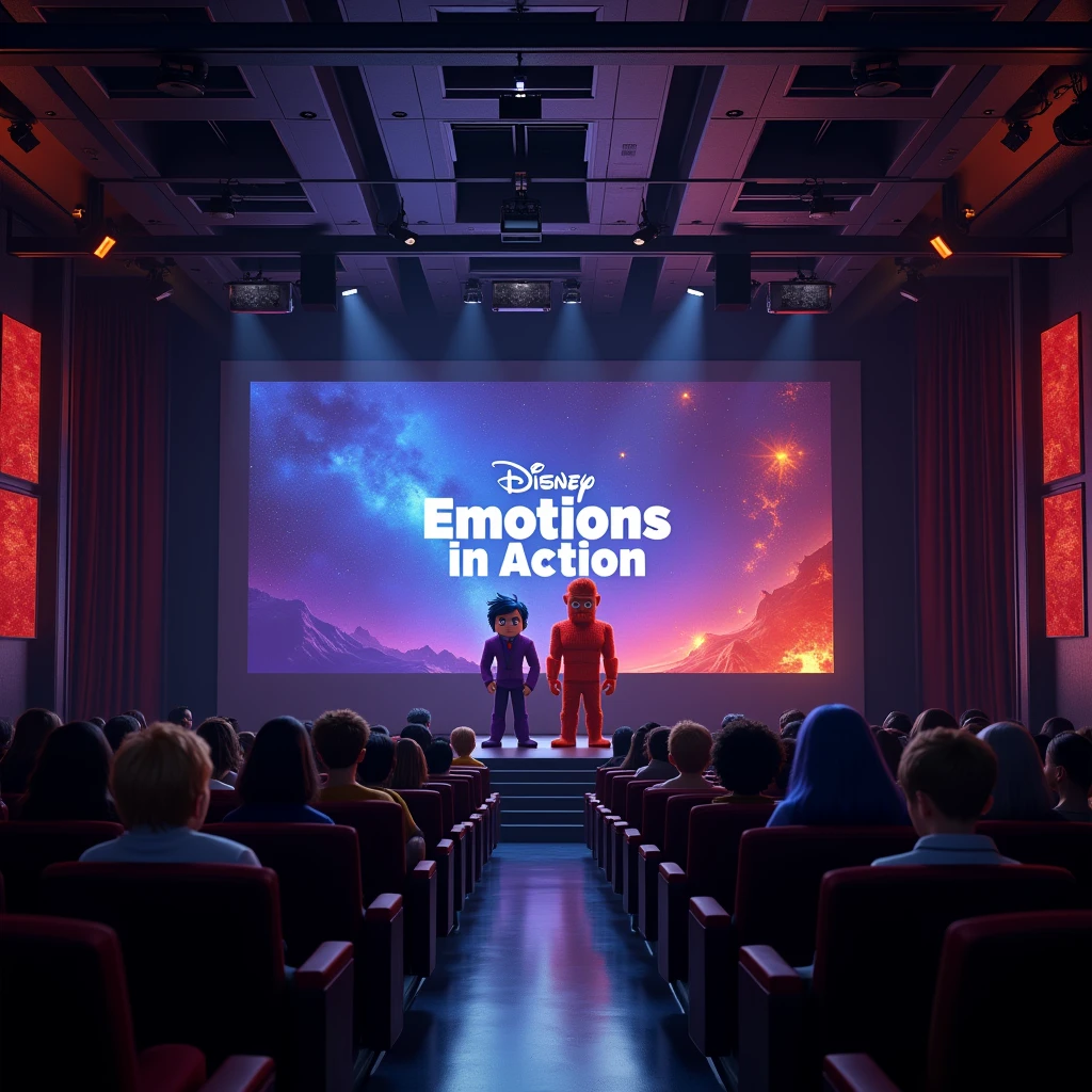 Diseña una imagen moderna y vibrante de un auditorio donde los personajes fear y rage de la película Intensamente están en el escenario frente a un público. The scene should capture how these characters portray intense emotions in a professional and elegant setting..
Auditorium Atmosphere:
Auditorium Design: The auditorium should be modern and sophisticated, with seating arranged in a theater layout and elegant materials such as steel and glass. It includes large screens and high-tech projectors. The decoration must be contemporary, with details like elegant curtains and a clearly defined setting.
Stage and Projection: The stage should be decorated with a design that reflects the theme of emotions and presentations. In the background, the projection must display the text "Emotions in Action" in big, vibrant letters, with colorful graphics that complement the theme of Inside Out.
Characters:
fear: Muestra a fear en el escenario, with his characteristic anxious and trembling expression. It is in the center, with a posture that suggests nervousness, perhaps with hands raised in a defensive or fearful posture. Viste a fear con su traje púrpura y corbata, maintaining its distinctive appearance.
rage: Coloca a rage al lado de fear en el escenario, showing his intense and furious expression. He may be clenching his fists or in a posture that conveys his anger.. Viste a rage con su traje rojo y su corbata con llamas, highlighting his presence on stage.
public:
Diseño del public: The audience is made up of ordinary people, sitting in the auditorium, with a realistic appearance. Use subtle visual effects to show that the audience is attentive to the characters and their emotions., without distracting too much from the main scene.
Additional Details:
lightning: Utiliza una iluminación brillante y profesional para destacar a fear y rage en el escenario. Add colored lights that reflect the personality of each character