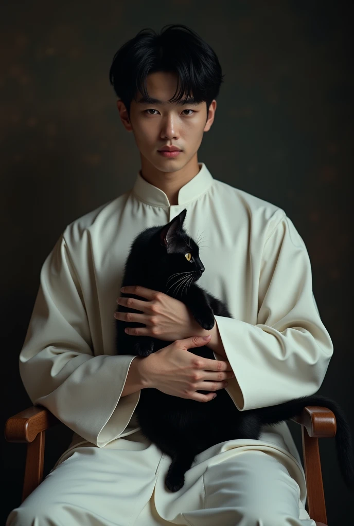 (photorealism:1.2), a 20 years old handsome and innocent biracial filipino-korean seminarian man, wearing a white sonata, sitting on chair, holding a black cat, sexy vibe, dark theme background, love and affection in cat pose, realistic, intricate details.