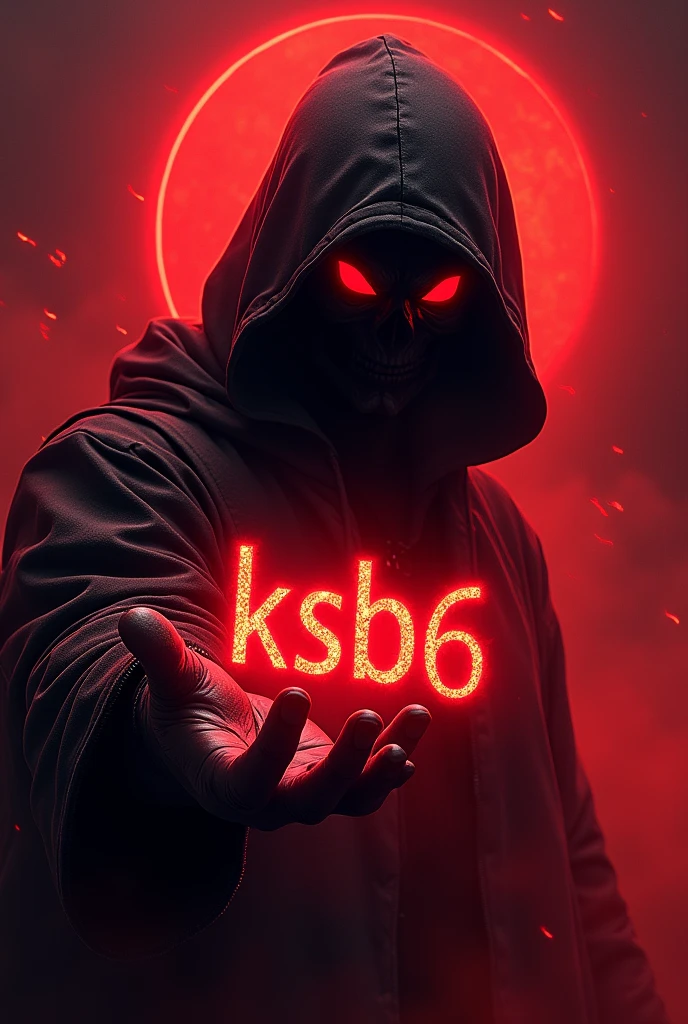 Create a hooded guy with crimson red eyes without a face, in the gaming logo style holding the name on the palm of the hand "KSB6" make it in crimson red and bold colors. more beautiful and not simple letters 