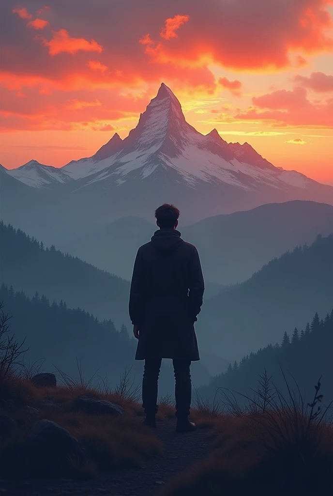 Sad guy with mountains far away and susset mood