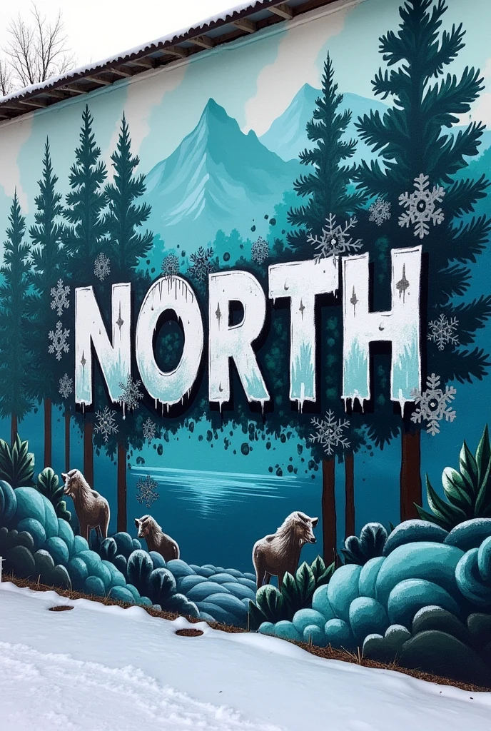 Create a graffiti with the word north in the middle,with representations of northern things