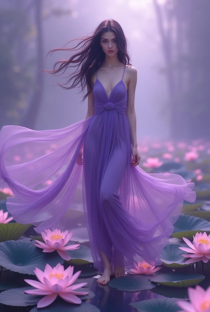 Woman ((English)) 20 year,skin fair,sparkling green eyes,dark purple hair,wearing a long purple transparent dress,stepped on several lotuses,She is serene,enarioposes,make-up,cinema image,品質,full body images,detailed,full body image,high resolution,Tuuli,tudo ao Tuuli,purple lighting,Tuuli balança seus cabelos e roupas