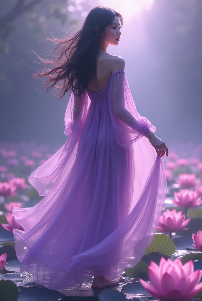Woman ((English)) 20 year,skin fair,sparkling green eyes,dark purple hair,wearing a long purple transparent dress,stepped on several lotuses,She is serene,enarioposes,make-up,cinema image,品質,full body images,detailed,full body image,high resolution,Tuuli,tudo ao Tuuli,purple lighting,Tuuli balança seus cabelos e roupas