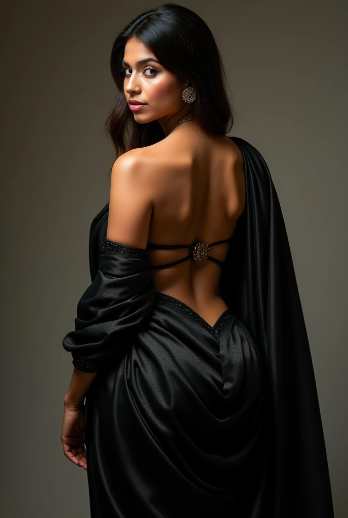 Indian young 80 kg girl showing her hot ass in black saree to the camera , back pose,butt crack