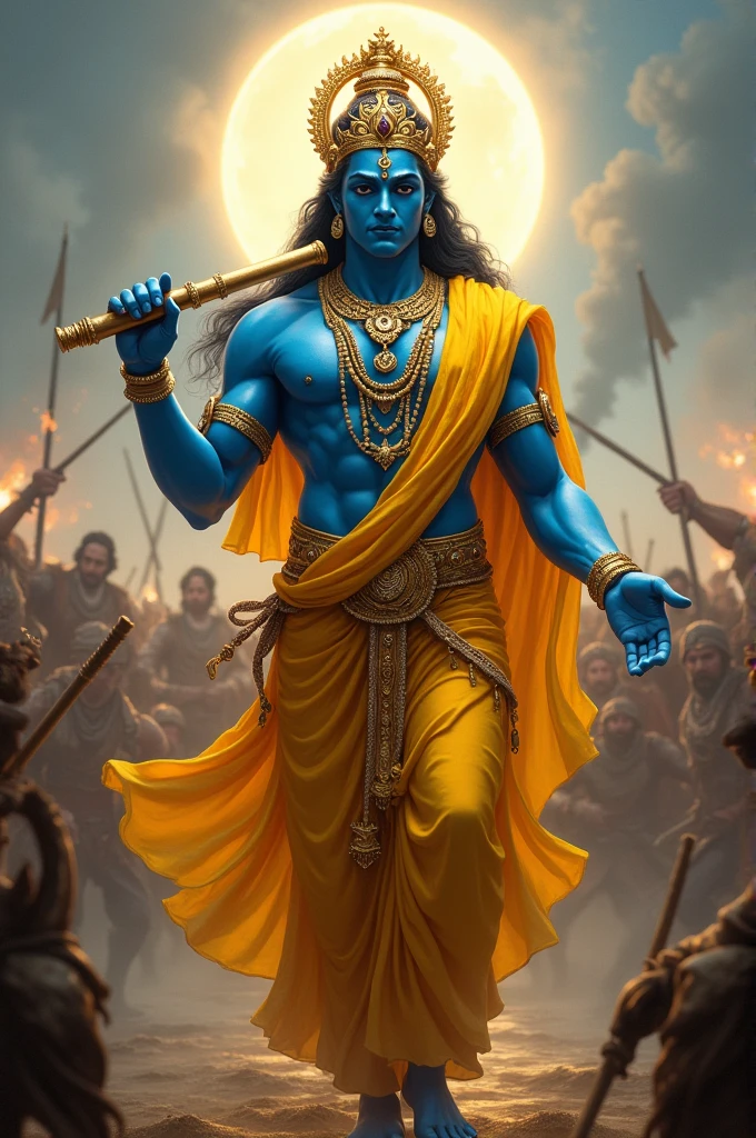 A majestic figure of a deity, depicted with a blue complexion, stands confidently in the center. Adorned in vibrant yellow drapery, he holds a flute in one hand, while the other is gracefully positioned by his side. His ornate crown and intricate jewelry add to his divine presence. A soft, glowing halo surrounds his head, illuminating the scene. In the background, indistinct figures appear engaged in a battle, adding to the dramatic and powerful atmosphere of the image.