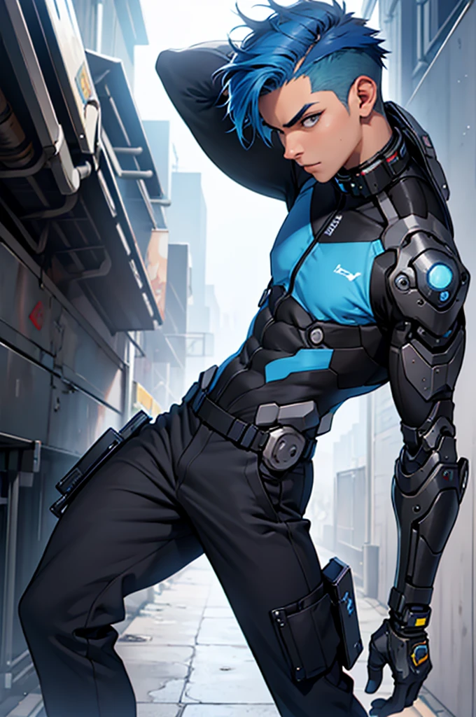 Make a boy with blue hair mixed with black,make a bionic arm in place of the right arm,make him with black pants