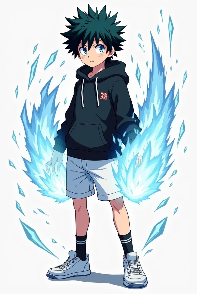 Anime boy in the style of My hero academia, who has black hair, blue colored eyes, black sweatshirt, shorts Brancos, Black and White Socks, sapatos brancos, and with ice powers