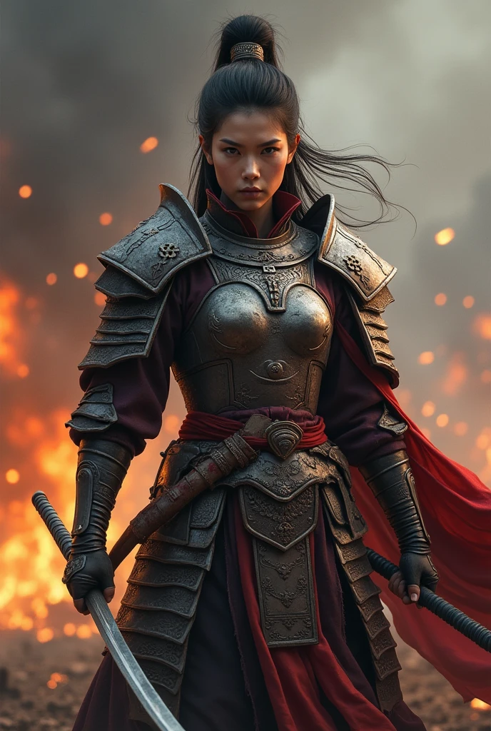A fierce chinese female warrior, detailed armor, battle-worn and determined expression, intense fire and smoke in the background, dramatic lighting, cinematic composition, muted color palette, gritty realism, digital art, detailed textures, dramatic atmosphere, powerful and dynamic pose, epic fantasy