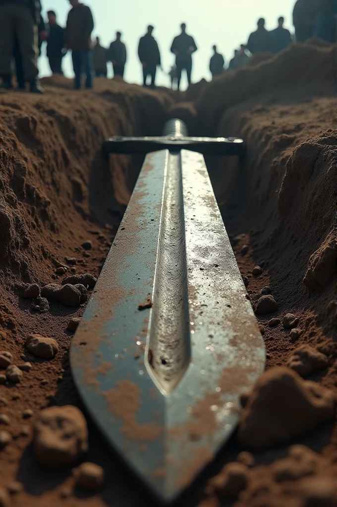 Many people archeologists and digger found giant's rusty sword laying in archeological site, historical black and white documentary, noisy blurry photo