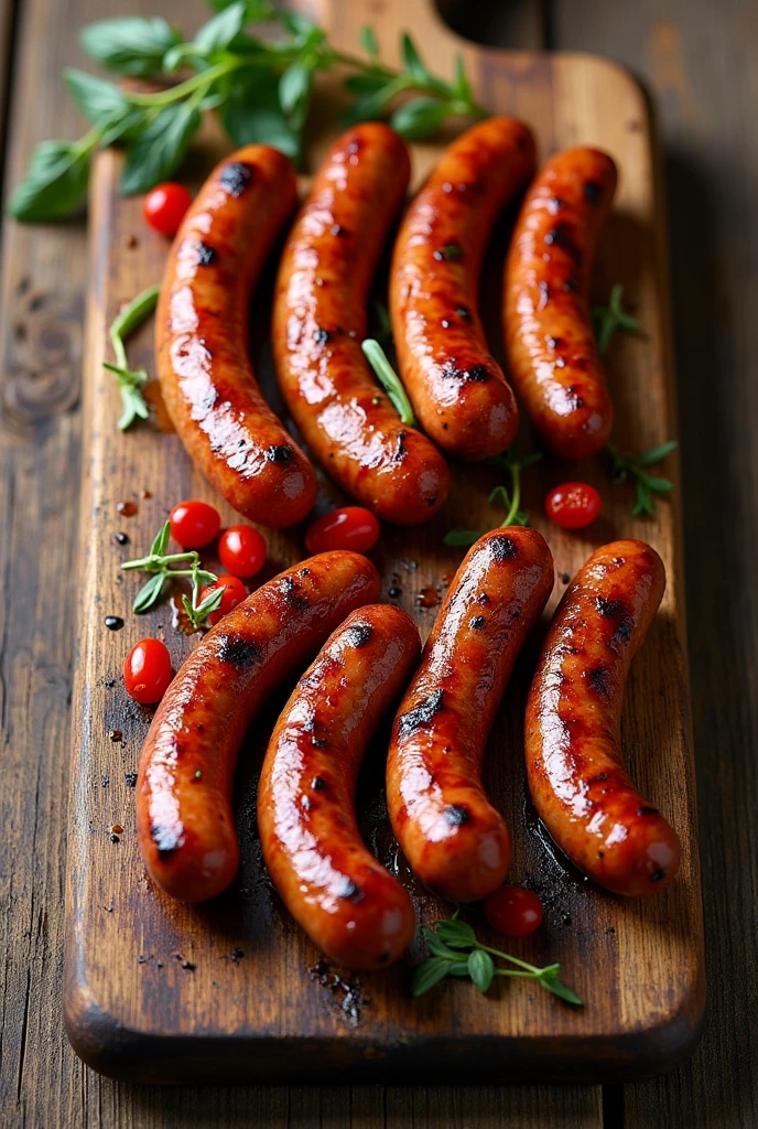 Roasted Tuscan Sausage, on top of a wooden board, show top view