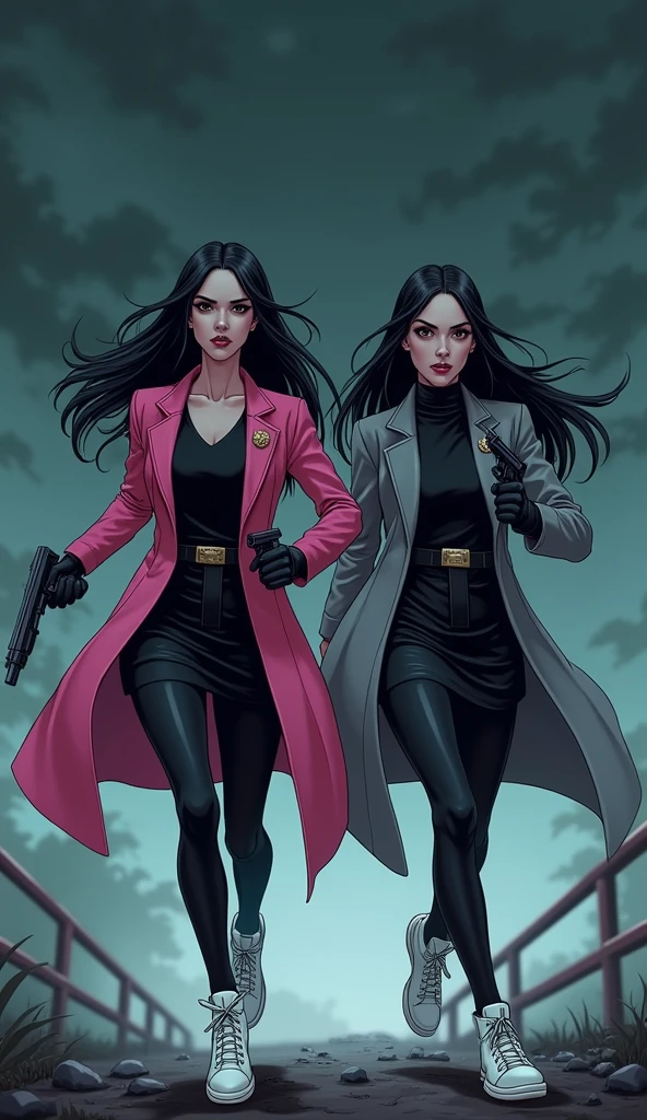 (Two young womens, long black hairs, yuri, Vampire Hunters

The first young women black eyes wear a pink long coat, black shirt, black pencil skirt, black underpants, black tights, black gloves, white sneakers high top.

The second young women black eyes wore a grey long coat, black shirt, black pencil skirt, black underpants, black tights, black gloves, white sneakers high top.

holding a one handguns, running, black grey sky, night sky, cartoon novel, 4K, HD