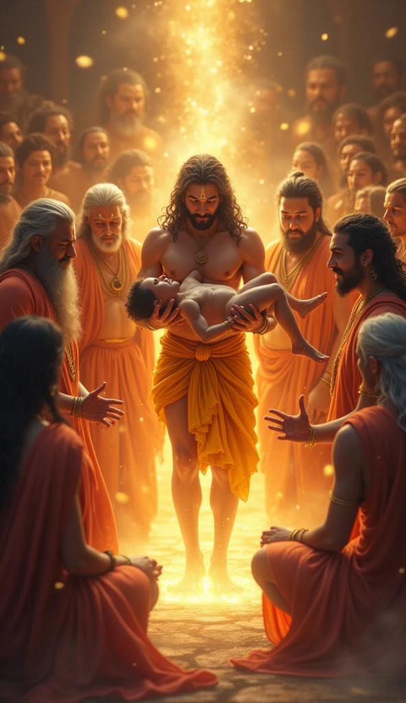 Hanuman's Revival and Receiving Boons**:
   - Show the gods gathered around the unconscious Hanuman, with expressions of concern and compassion. Vayu Dev, still holding Hanuman, begins to calm as the gods offer their boons. The scene should be filled with divine light, symbolizing the blessings being bestowed upon Hanuman. As Hanuman regains consciousness, his body begins to glow, symbolizing the immense strength, intelligence, and wisdom he is receiving. The gods are depicted with gentle smiles, showing their approval and respect for the young Hanuman.