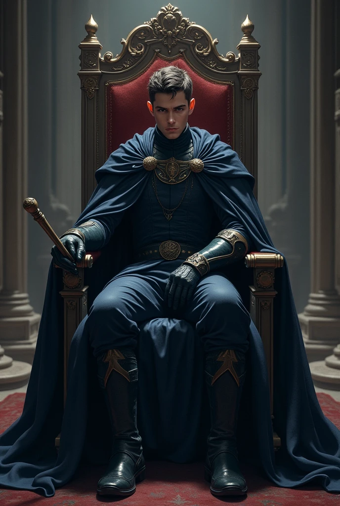 Realistic young adult king sitting on a throne dark blue clothes scepter 