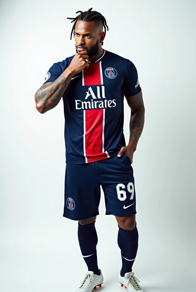 Young 2 sexy Rudo gangster with black hair shaved on the sides with braids brown eyes thick lips athletic body masculine energy and sexy defined chin trimmed beard colored tattoo marked biceps wears black colored man Muslim style, He wears the navy blue PSG uniform with a central red and white stripe., Navy blue shorts with the number 69 and white cleats.  The background is white and he is standing kissing the PSG badge on the shirt that he holds with his hand with pride for the team..  8k