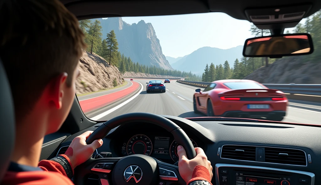 A car race on racing road with other car with gaming control in corner stering