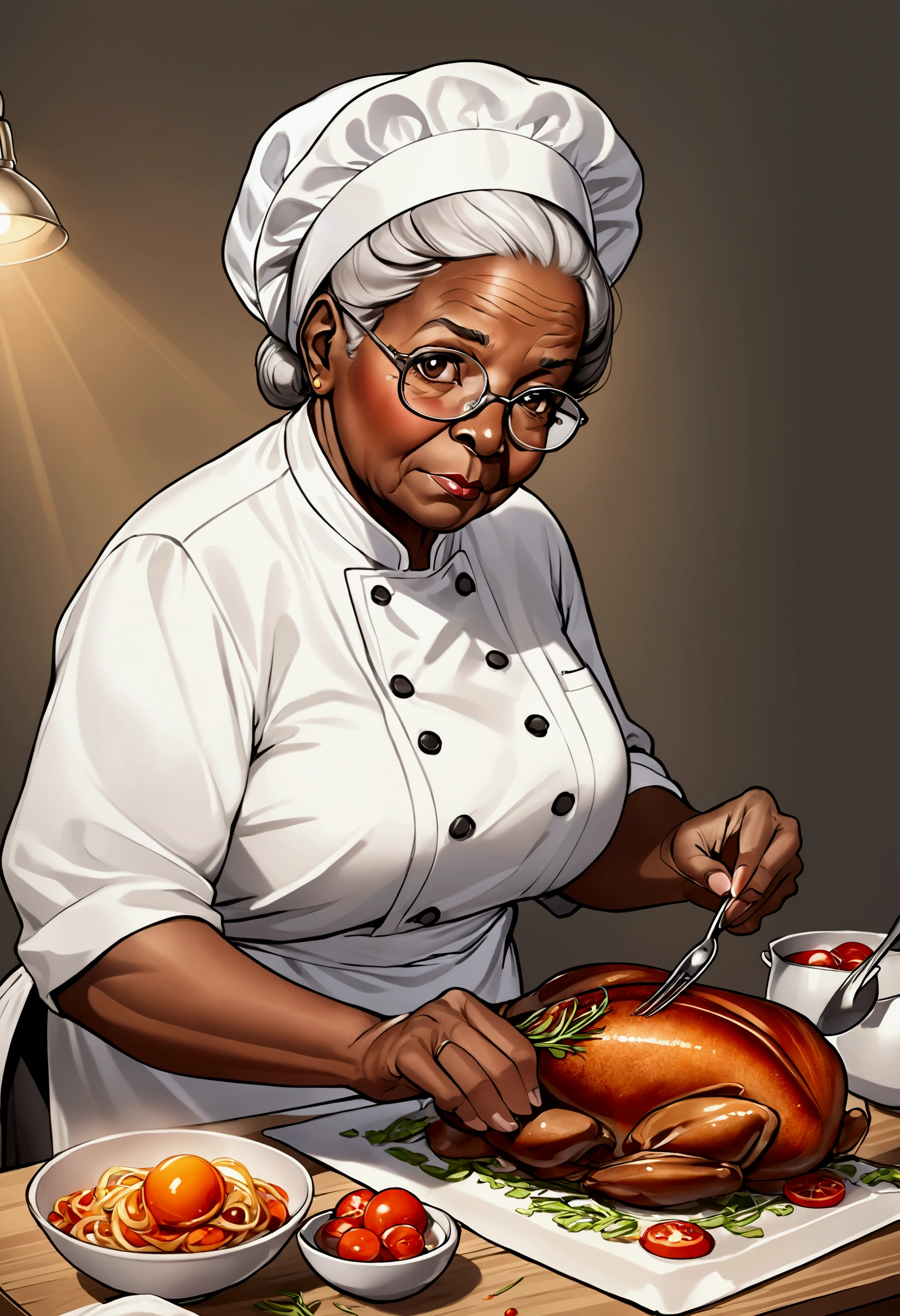 fat mature african woman as a butcher, hold a meat knife, in the kitchen, neon style, cartoon style,gta 5 style --auto --s2