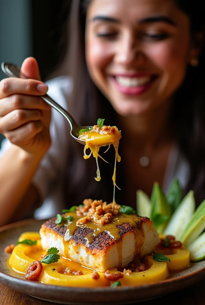 A woman eating fish encebollado that she has, Yucca, Onion and fish are very tasty on the spoon and will go right into your mouth. The fish is cooked on top of the plate and has a sauce of chopped onion with a pinch of parsley. 