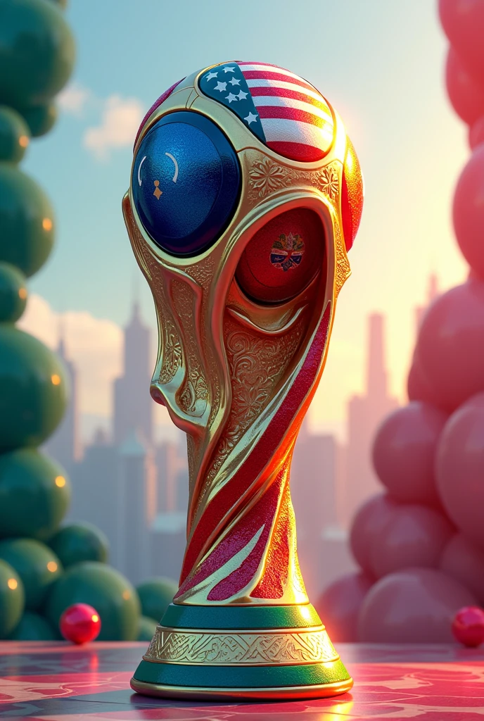 Could you make me an animated image of the World Cup logo based on the countries of Mexico?, United States and Canada, where only the cup is png, have red as main colors, blue and green, and that they have something emblematic of each of the countries already mentioned.