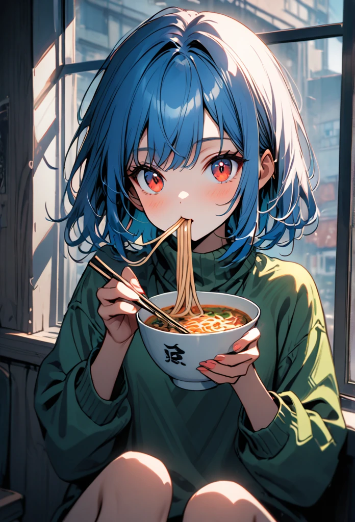 Girl, blue hair, red eyes, green sweater, eating noodles, sitting by the window.
