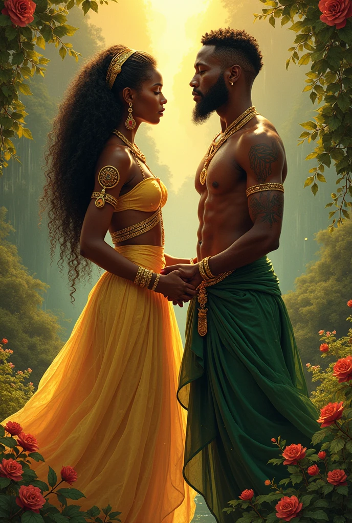 Oxum and Omolu as a couple holding hands 
