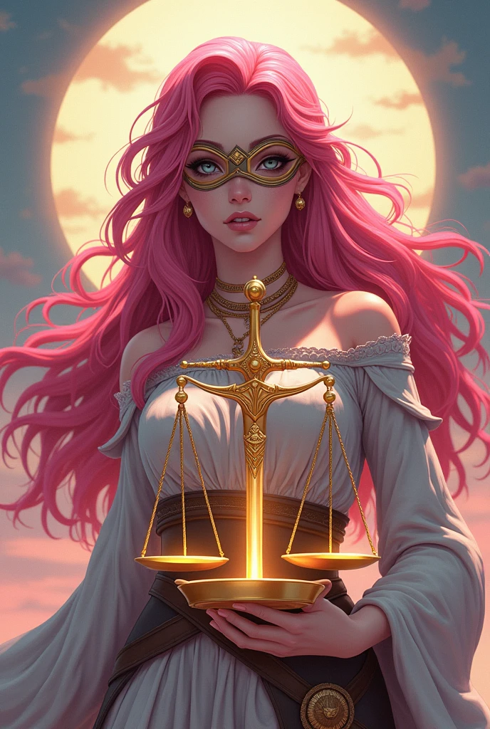 Generates an image of the Goddess Aphrodite, Deep gaze with blindfolds on, viking clothing, with pink hair holding the golden scale of the Libra sign where the center of the scale is a sword and measures the value of the mind and heart in an anime version