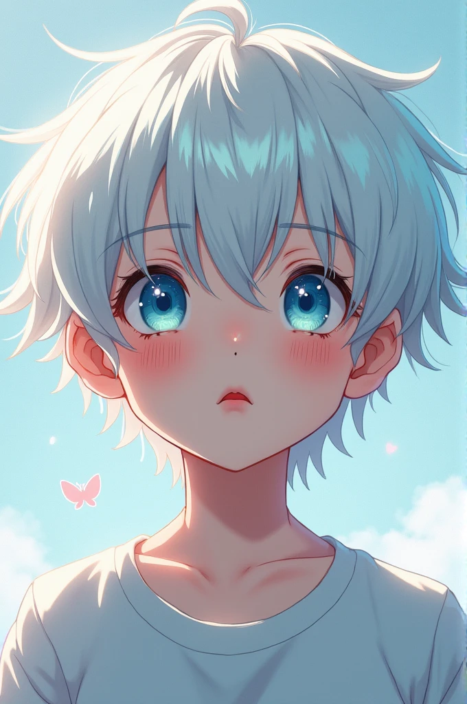 Generates an anime-style cartoon image of a boy with white hair and light blue eyes, porcelain skin and red lips
