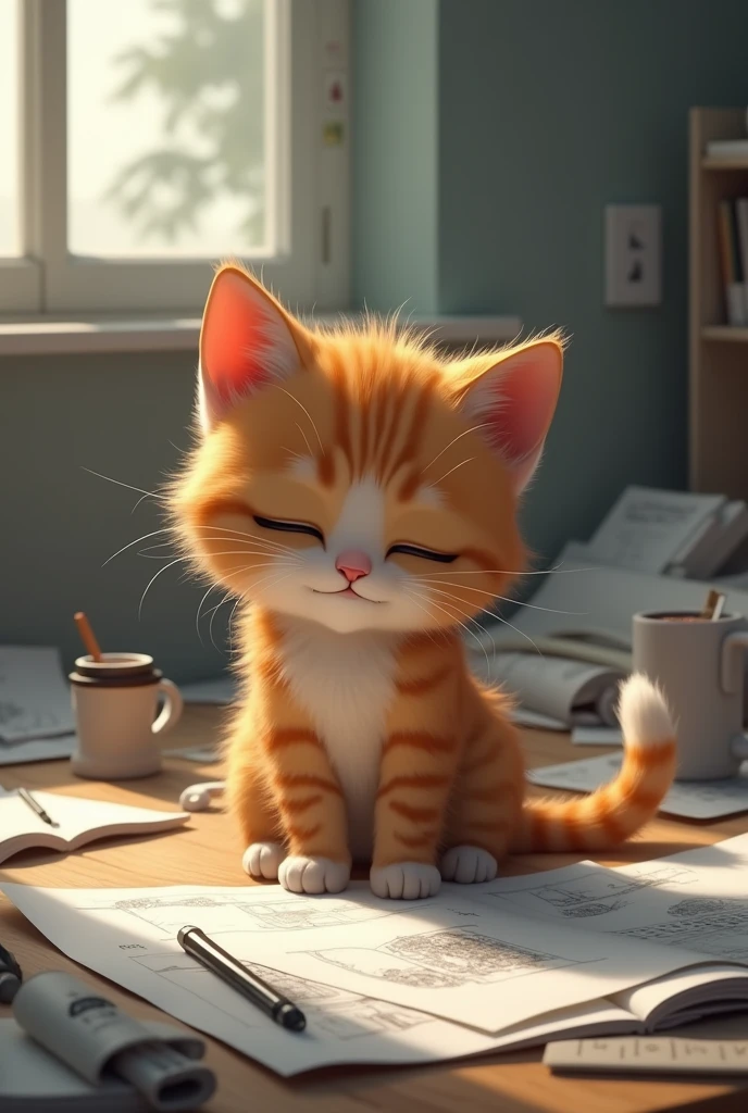 make a generate a tiktok animated format kitten that is extremely depressed and exhausted because he studies architecture