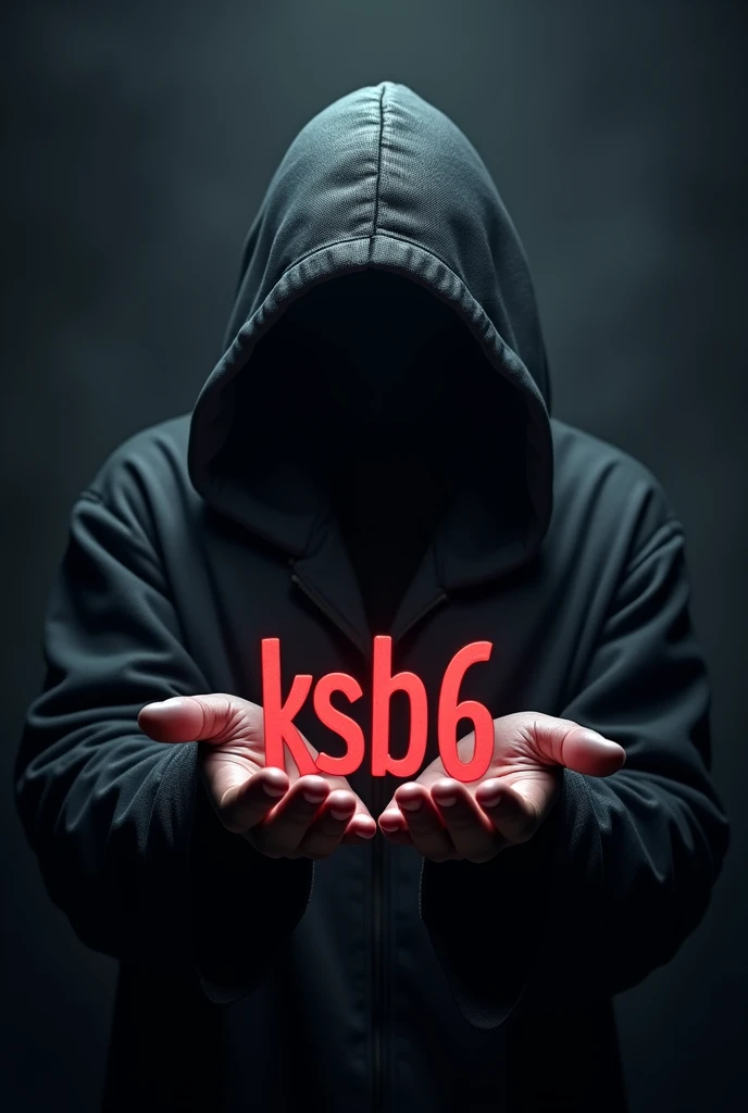 Create a gaming logo with a faceless hooded guy , holding the highlighted letters in the palm of your hand "KSB6"