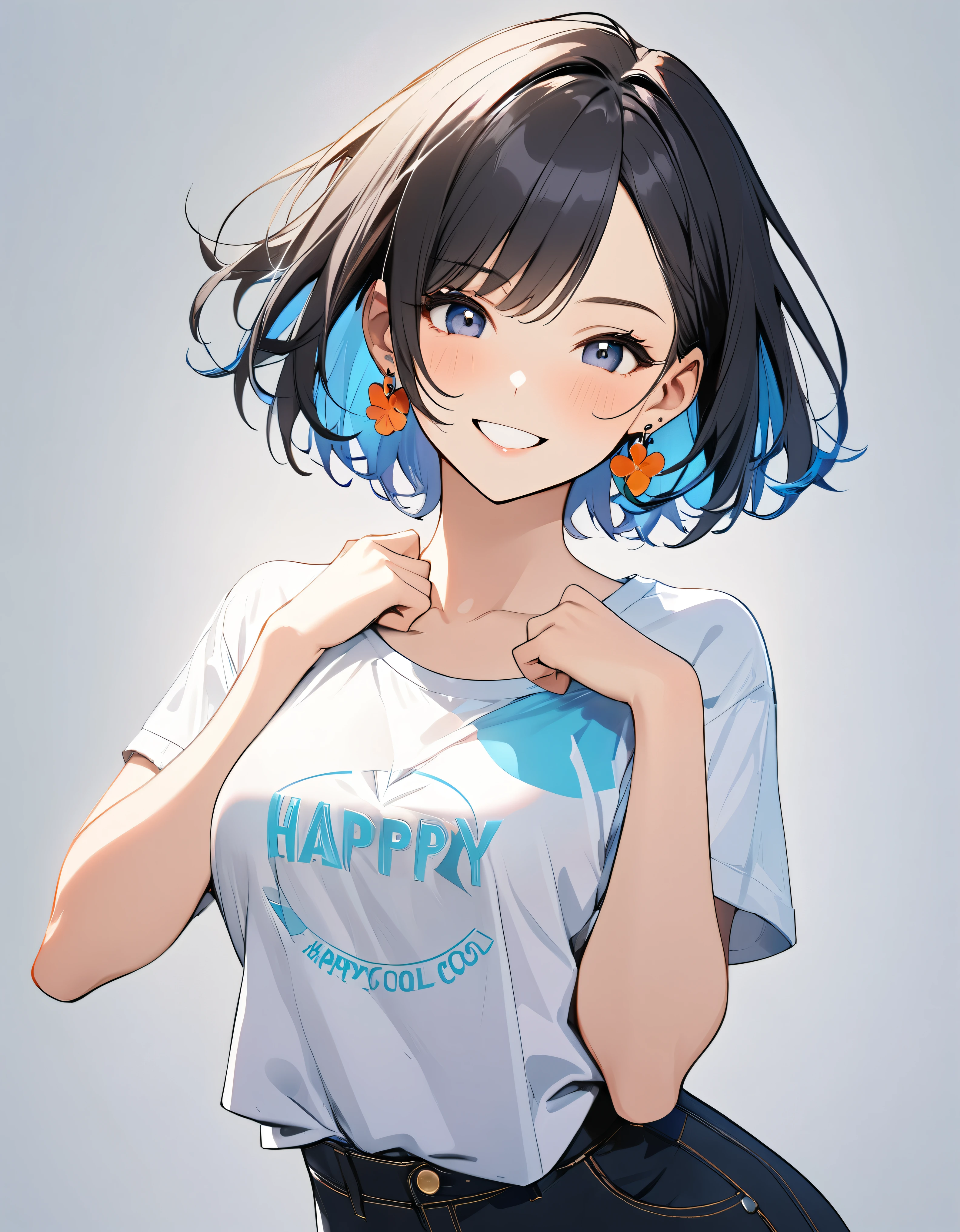 1girl, best quality, beautiful, short hair, 8K, act cool pose, happy, shirt, earrings, perfect body, concept, full color