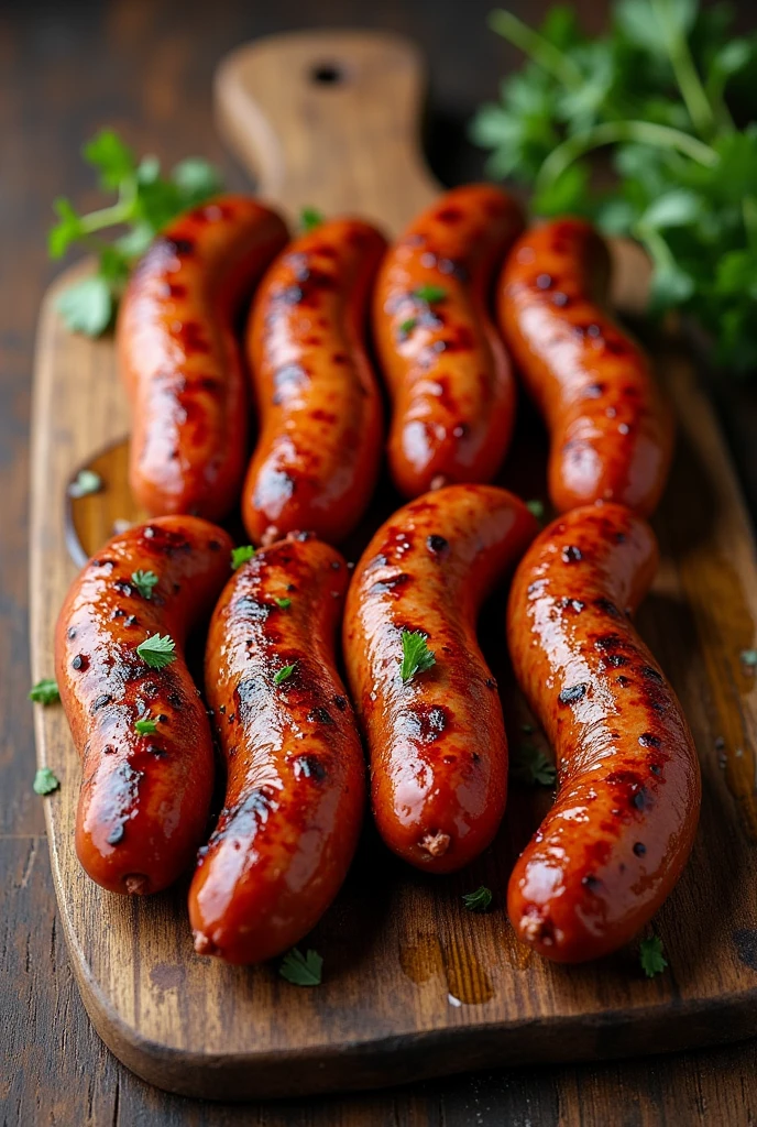 Roasted Tuscan Sausage, on top of a wooden board, show top view