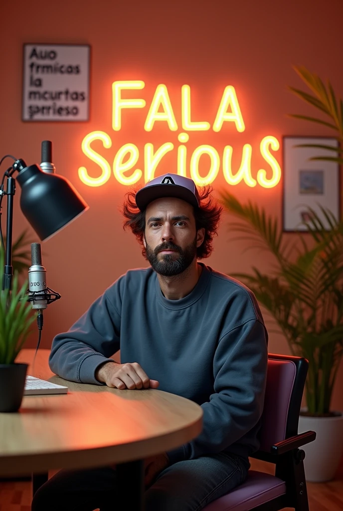 The background could have the name of the podcast “fala serious” in Portuguese in fun typography. Comfortable, modern furniture like a light wood table and black chair with lilac accents add personality. Warm lighting with subtle LED lights creates a welcoming atmosphere. Plants, images with funny phrases and high-quality microphones complement the look, reflecting the light and humorous tone of the program. man Messy hair, comfortable clothes, such as sweatshirts and caps, always with a relaxed look. that he has vitiligo