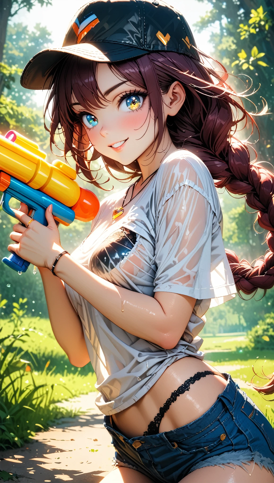 (masterpiece, very aesthetic:1.4), best quality, incredibly absurdres, Accurate, intricate, 8K, stunning, stylized,
ultra-detailed, (incredibly detailed:1.2), fine texture,
cinematic, recent, (vibrant:1.2), (clear pictures, clean lines, crisp edges), illustration, (soft lighting:1.2),
cowboy shot,
BREAK
1 beautiful girl, 18yo, small face, beautiful detailed face, narrow waist, The beauty and danger of growing from a girl to an adult, A symbol of miraculous beauty, Graceful posture, sensual, bewitching woman, (medium breasts:0.8),
(burgundy hair, a long single braid hair:1.4), asymmetrical bangs, smooth hair,
BREAK
(aqua blue eyes), black oblong pupils, (slant eyes, glass-like sparkling eyes are blurry and dreamy, beautiful detailed eyes, growing eyes, long delicate eyelashes, Meticulous Eyelash Details),
BREAK
(black lace bra:0.8),
(see-through wet:0.2) white t-shirt,
(denim shorts over black thong:1.2),
baseball cap,
(a tiny heart-shaped golden colored ring pendant:1.4),
BREAK
sunny afternoon,
in a vast, lush green park, wide open lawns,
(aiming the water gun with right hand at the viewer:1.3), legt hand is down,
BREAK
gorgeous lips, natural pink lips, beautiful detailed lips, Glossy,
(grin:1.2), perfect eyes,