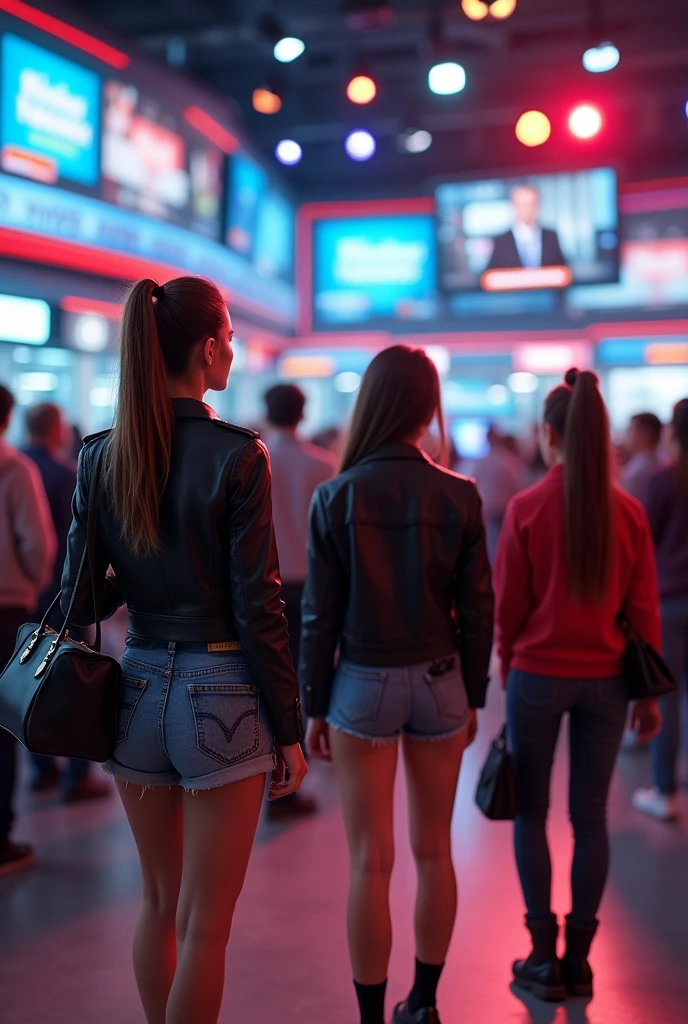 Jeunes femmes cheveux attaché veste cuir mini short jean grand sac a main avec leurs familles nombreuses au journal télévisée