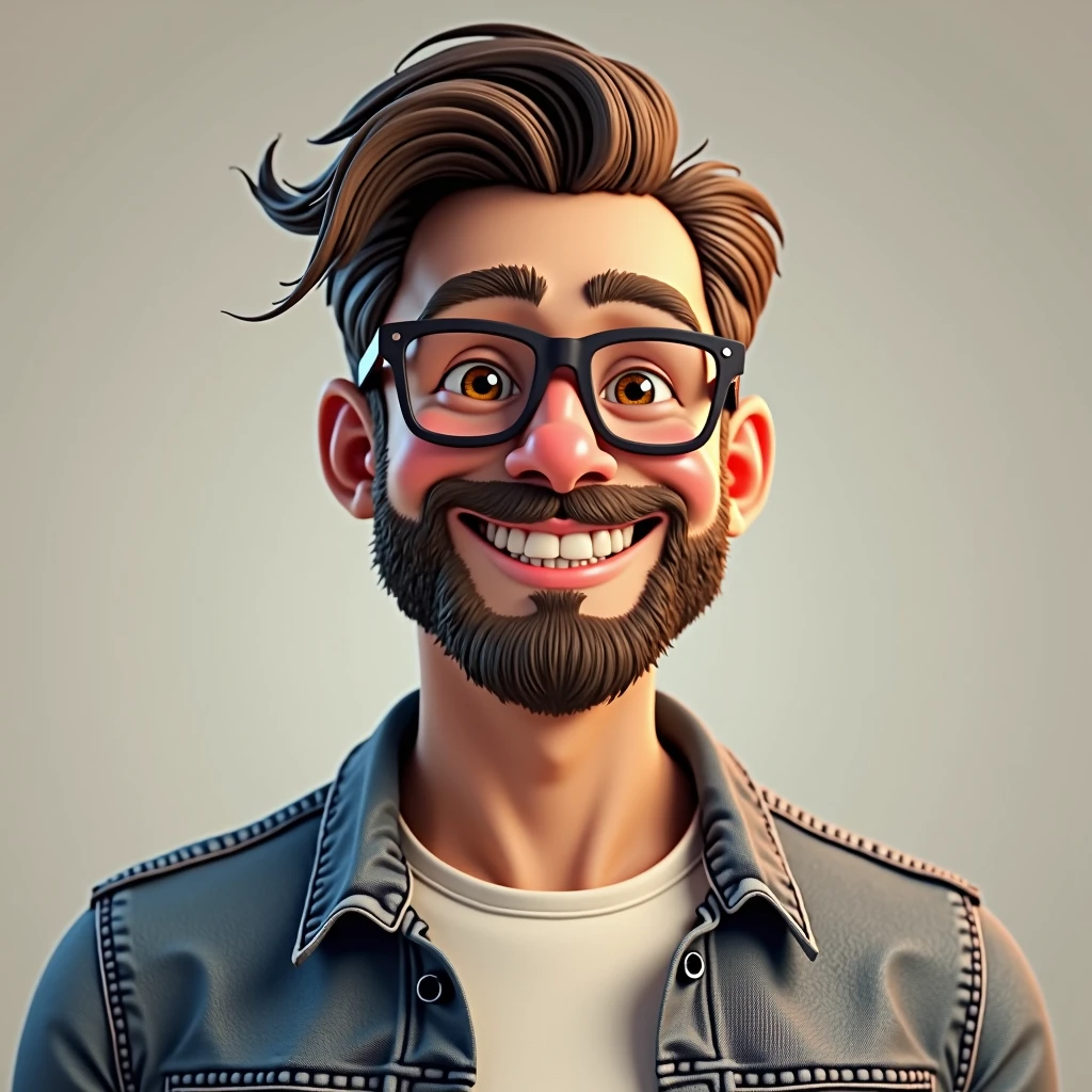 A slightly chubby guy with a beard and glasses, neat hair, smiling