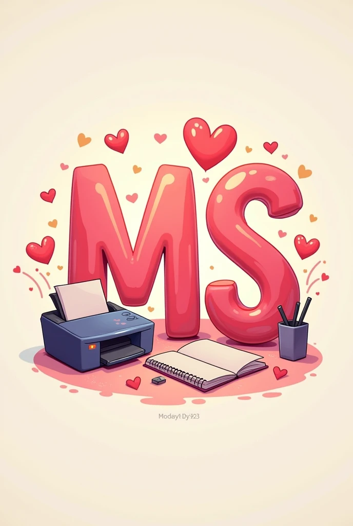A logo in light pink tones, with vibrant colors with the initials MS, with a drawing of a printer, notebook and very happy hearts. Pixar animation style
