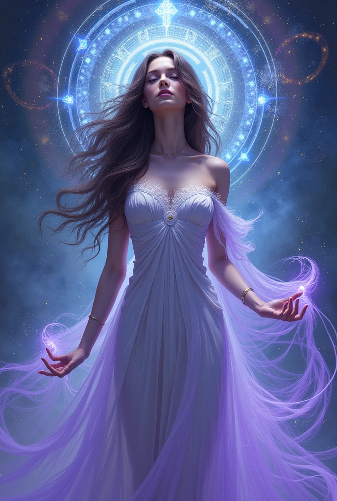 Goddess with dark brown hair, dark brown eyes, White skin, purple aura, blue and gold,  with magnetisms

