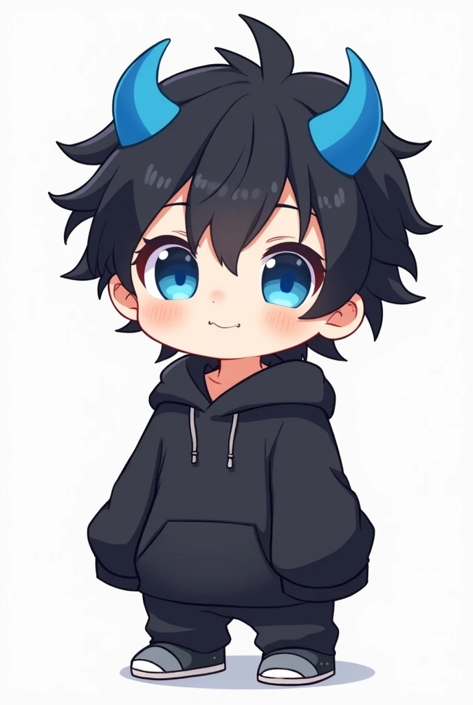 STICKER CUTE CHIBI BOY black hair blue eyes two blue horns with a black sweatshirt hanging from the waist up