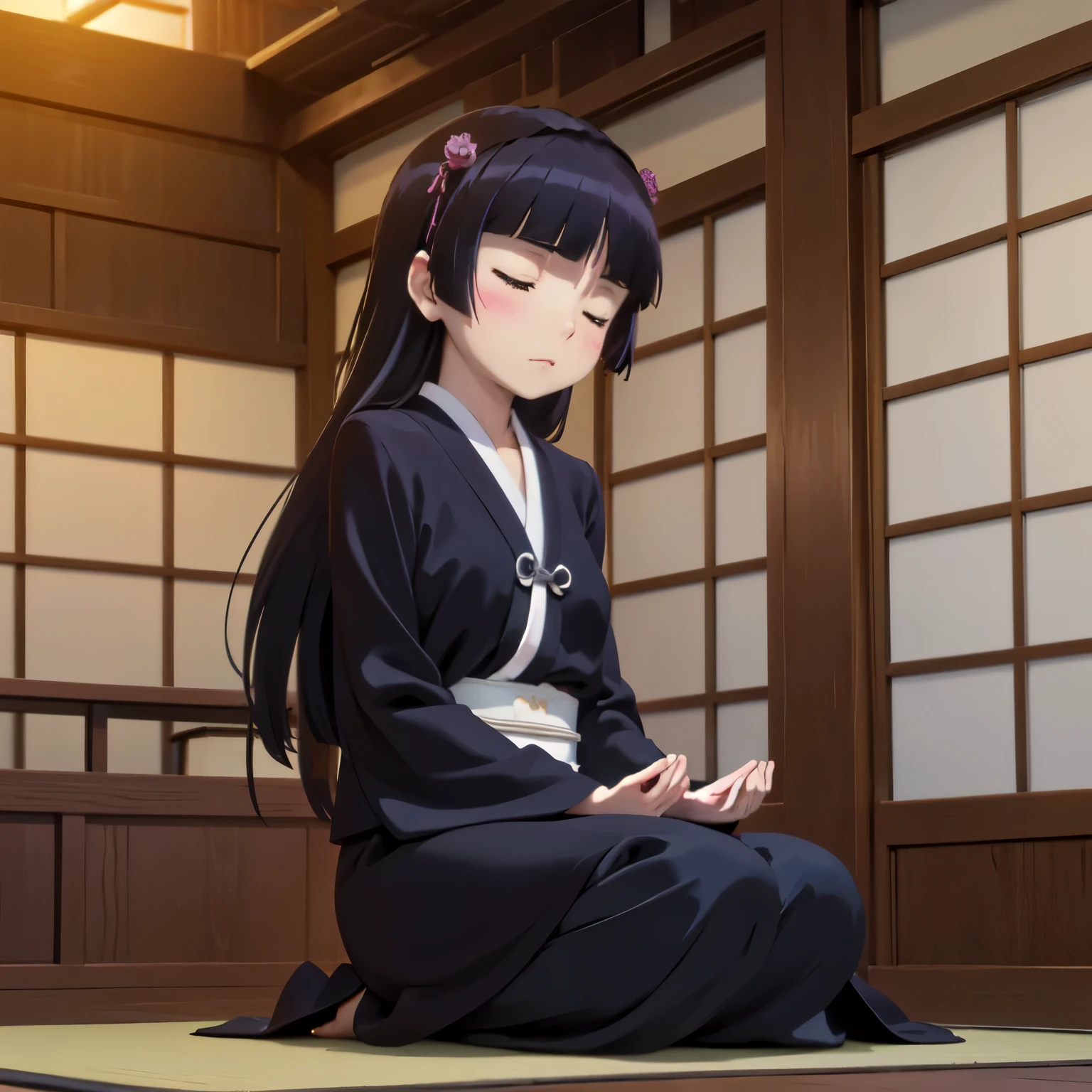 (Deep Meditation), ((Zazen)), Ancient temple, Mysterious space, Timeless Silence, Historical Art, (ruri gokou), woman, alone, Hime cut, woman, Long Hair, Close ~ eyes