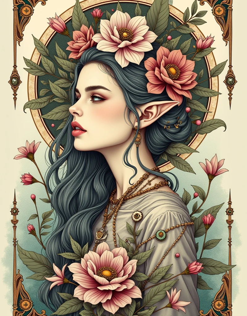A tarot card of a gorgeous beautiful elf warrior queen, fractal magic, illustration in the style of Travis Charest, ink linework, poster, Elle Fanning model, cgsociety, fantasy art, detailed illustration, mystical, A botanical masterpiece, detailed, hyper-realistic, elemets of symbolism and surrealism, intricate design, intertwined, beautiful woman, flowers, pastel.