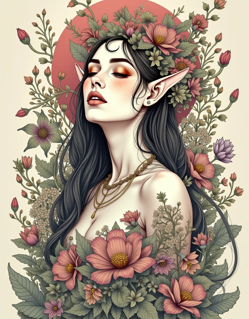 A tarot card of a gorgeous beautiful elf warrior queen, fractal magic, illustration in the style of Travis Charest, ink linework, poster, Elle Fanning model, cgsociety, fantasy art, detailed illustration, mystical, A botanical masterpiece, detailed, hyper-realistic, elemets of symbolism and surrealism, intricate design, intertwined, beautiful woman, flowers, pastel.