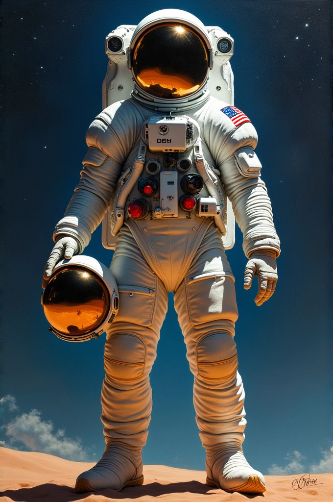 A painting of a standing astronaut. He is holding the helmet under his left arm. 