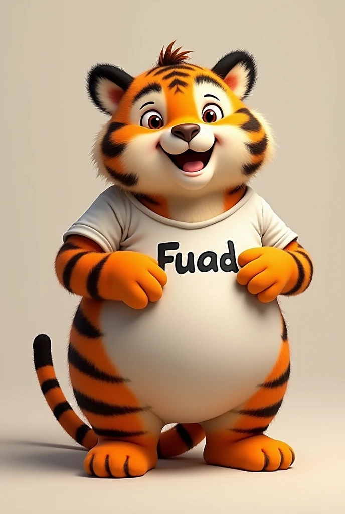 Chubby tiger with a t-shirt that says FUAD