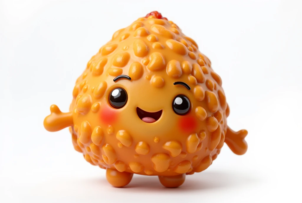 Create a hyper-realistic image of a mascot shaped like a coxinha, shown from a front-facing view. The coxinha should have a smooth, golden-brown exterior with a slightly crispy texture, capturing the realistic details of a freshly fried snack. Ensure the mascot has a friendly and approachable expression, possibly with cartoonish eyes and a smile. The background must be completely white, resembling a studio setting or transparent, with no distractions or additional elements. The entire coxinha mascot should be fully visible, with no parts cut off. ((image in focus))) Use soft, flattering lighting to highlight the texture and color of the coxinha, emphasizing its appetizing appearance. The image must be ultra-realistic, crystal clear, 8K UHD, with fine details and a polished, high-quality finish. Ensure the entire image is extremely sharp and in perfect focus, with absolutely no blurriness or softness. All details should be perfectly clear and defined, with absolute focus across the entire image. Use the lens at full aperture to achieve maximum sharpness and clarity ((image in focus)))