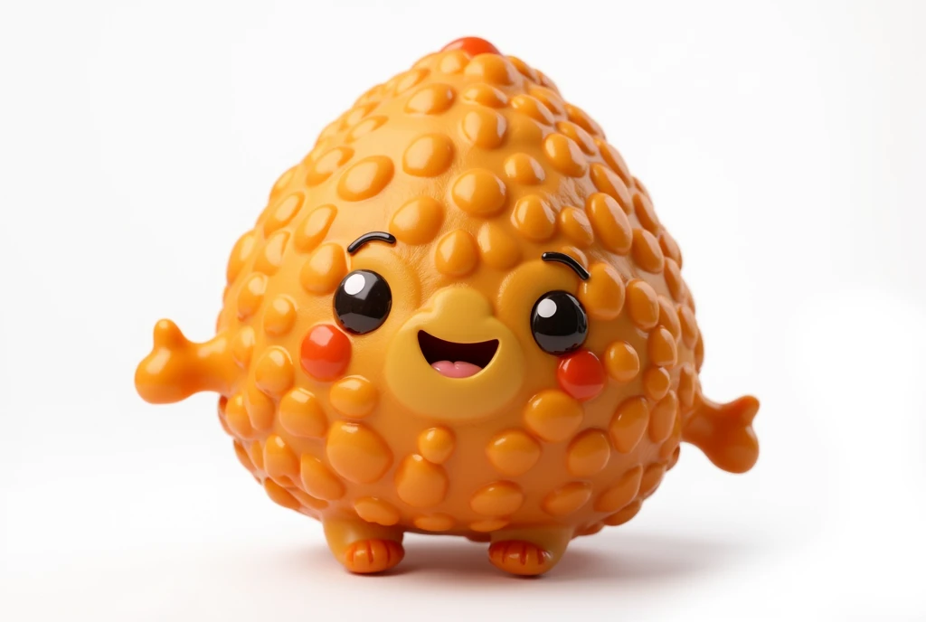 Create a hyper-realistic image of a mascot shaped like a coxinha, shown from a front-facing view. The coxinha should have a smooth, golden-brown exterior with a slightly crispy texture, capturing the realistic details of a freshly fried snack. Ensure the mascot has a friendly and approachable expression, possibly with cartoonish eyes and a smile. The background must be completely white, resembling a studio setting or transparent, with no distractions or additional elements. The entire coxinha mascot should be fully visible, with no parts cut off. ((image in focus))) Use soft, flattering lighting to highlight the texture and color of the coxinha, emphasizing its appetizing appearance. The image must be ultra-realistic, crystal clear, 8K UHD, with fine details and a polished, high-quality finish. Ensure the entire image is extremely sharp and in perfect focus, with absolutely no blurriness or softness. All details should be perfectly clear and defined, with absolute focus across the entire image. Use the lens at full aperture to achieve maximum sharpness and clarity ((image in focus)))