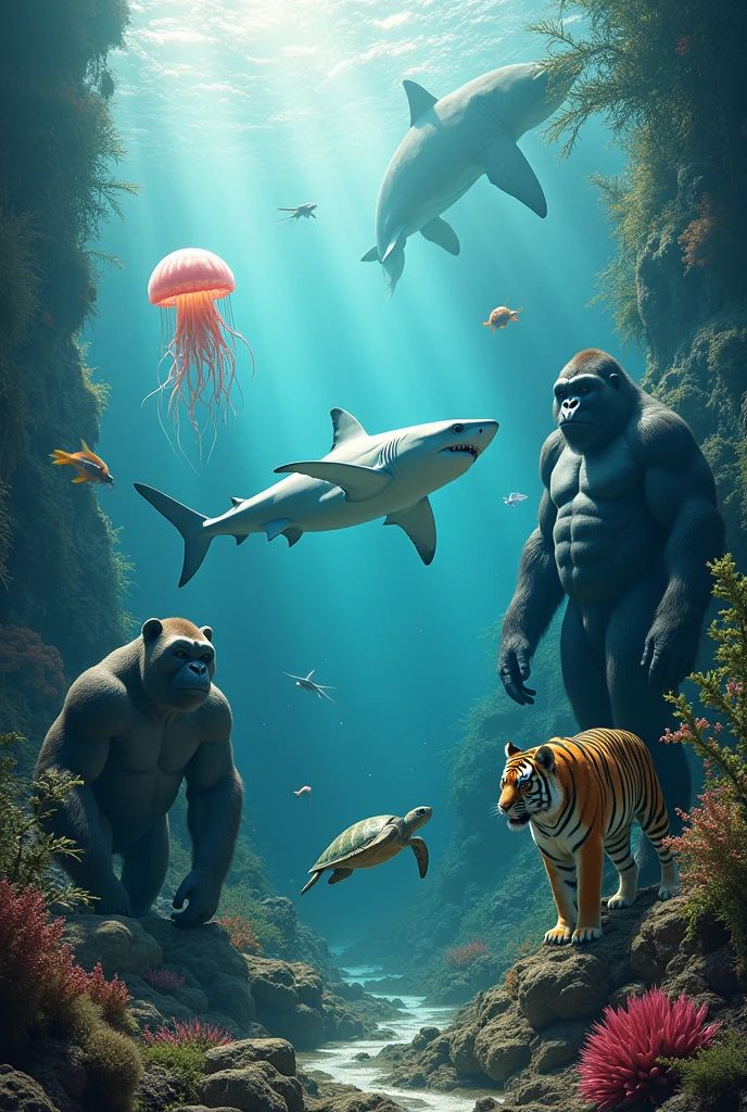 An image where a white shark appears, A male gorilla, A jellyfish, a sea turtle and a tiger